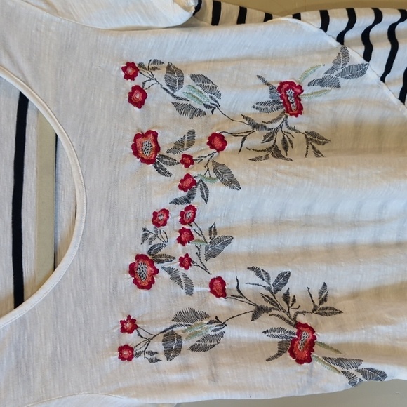 DownEast Floral Embroidery Striped Tee Shirt - Picture 2 of 4